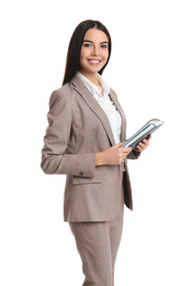 Photo of Real estate agent with notebook on white background