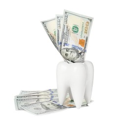 Photo of Ceramic model of tooth and dollar banknotes on white background. Expensive treatment