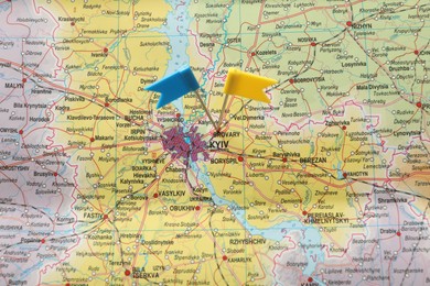 MYKOLAIV, UKRAINE - NOVEMBER 09, 2020: Brovary city near Kyiv marked with push pins on map of Ukraine, closeup