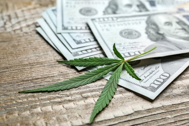 Hemp leaf and dollars on wooden background, closeup