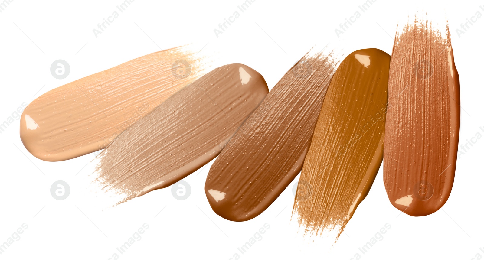 Image of Foundation of various shades for different skin tones isolated on white, top view. Set of samples