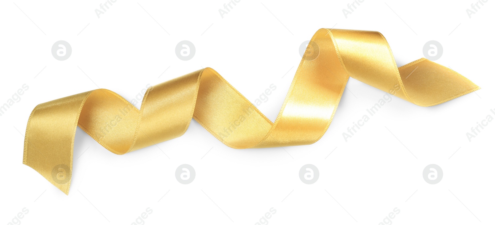 Photo of Beautiful golden ribbon isolated on white, top view