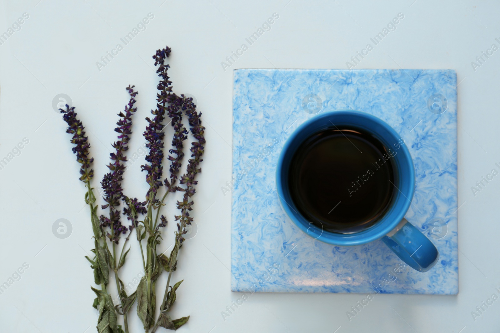 Photo of Cup of aromatic herbal tea and sage flowers on white table, flat lay