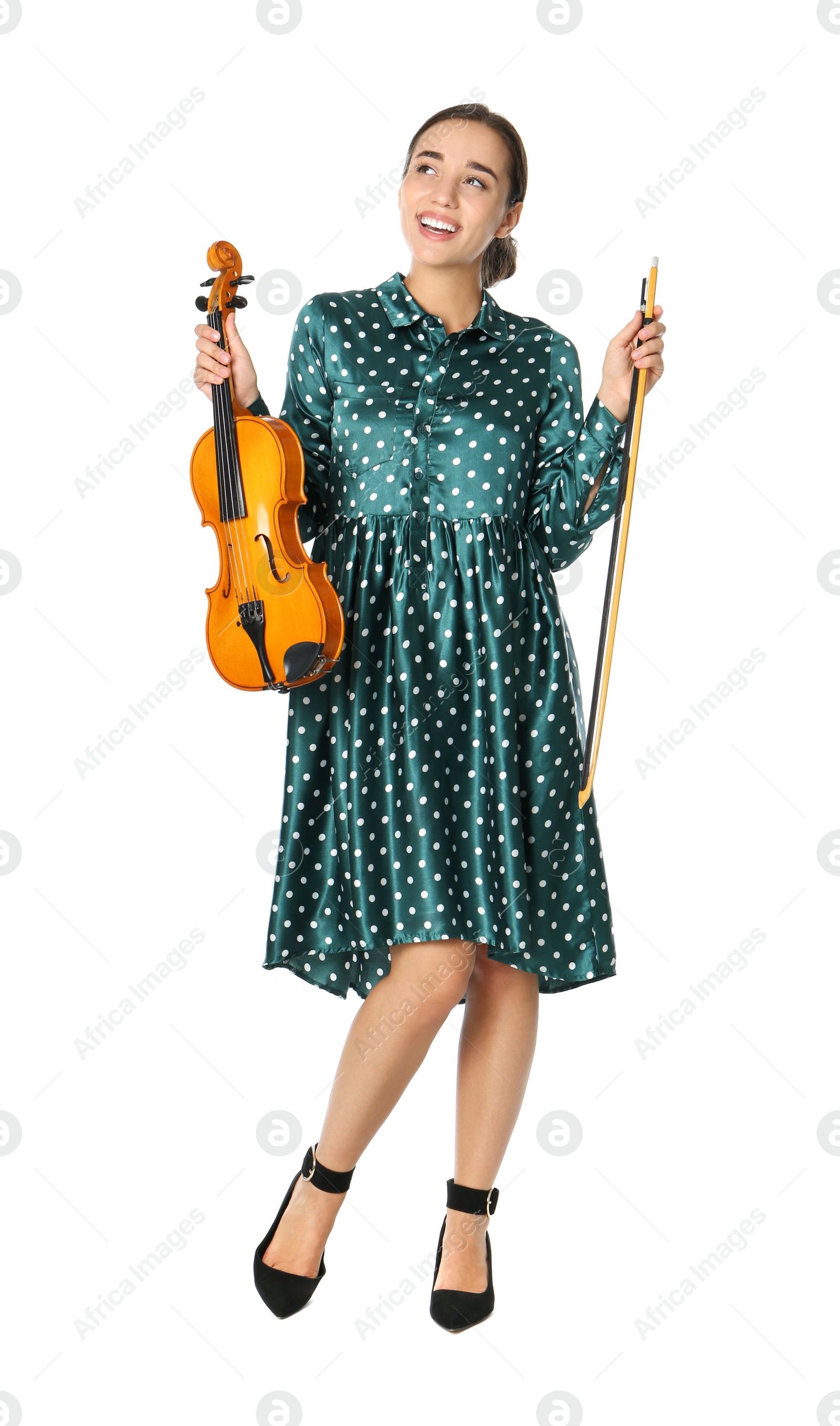 Photo of Beautiful woman with violin on white background