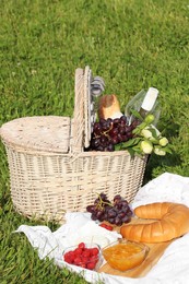 Photo of Picnic blanket with tasty food, flowers, basket and cider on green grass outdoors