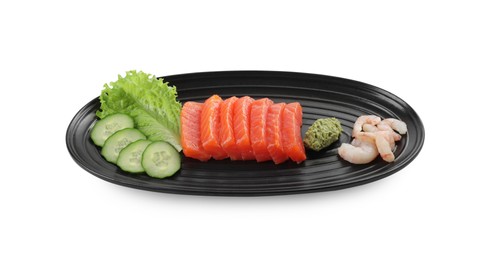Photo of Tasty sashimi set (raw slices of salmon and shrimp) served with cucumber, lettuce and wasabi isolated on white