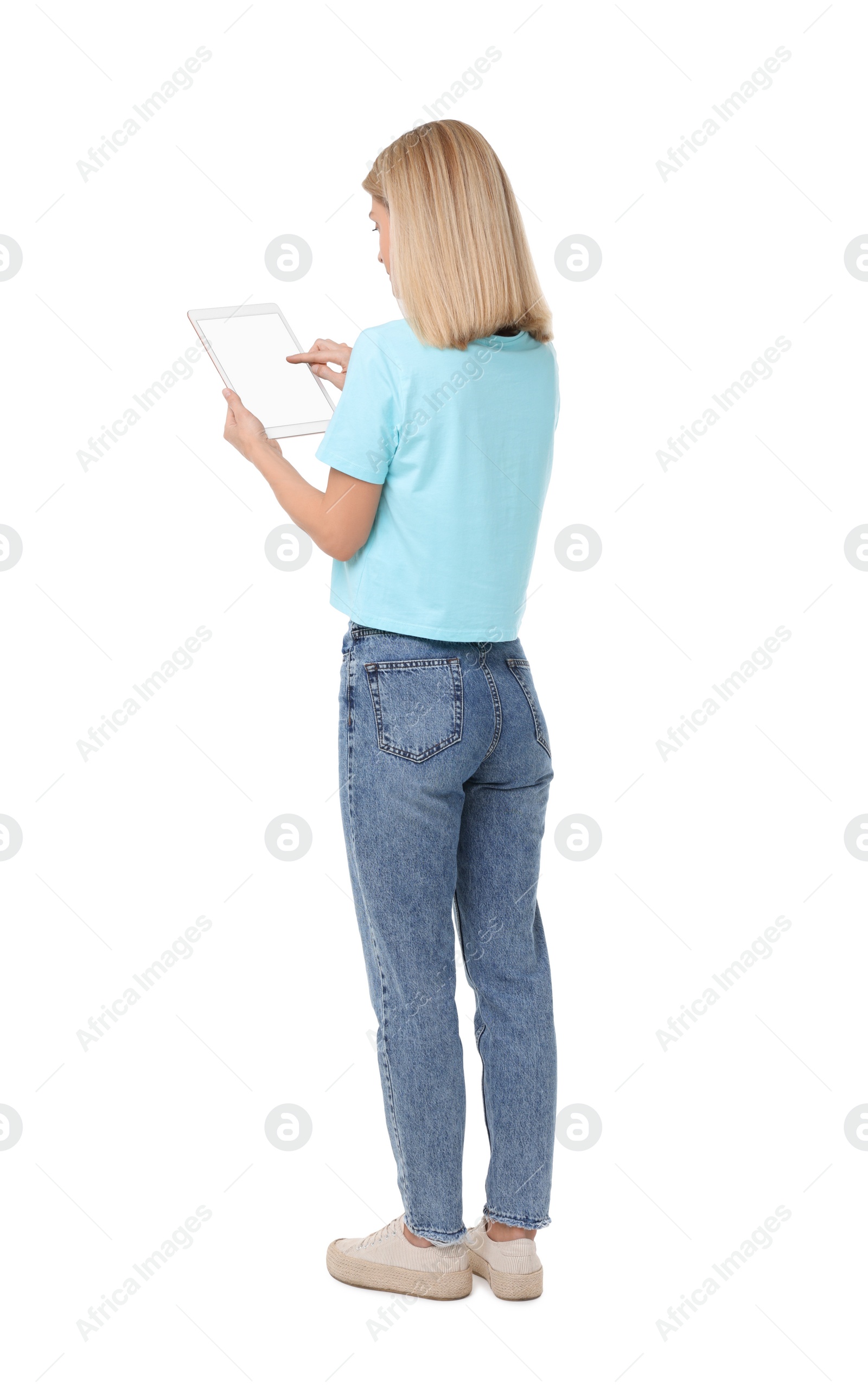 Photo of Woman using tablet with blank screen on white background