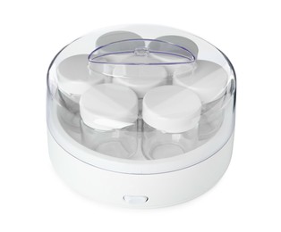 Modern yogurt maker with empty jars on white background