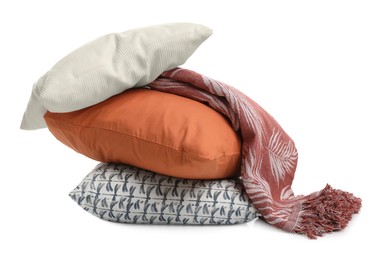 Stylish soft pillows and blanket on white background