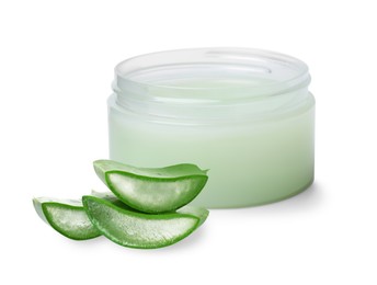 Image of Moisturizing cream with extract of aloe vera. Jar and cut green aloe leaves on white background