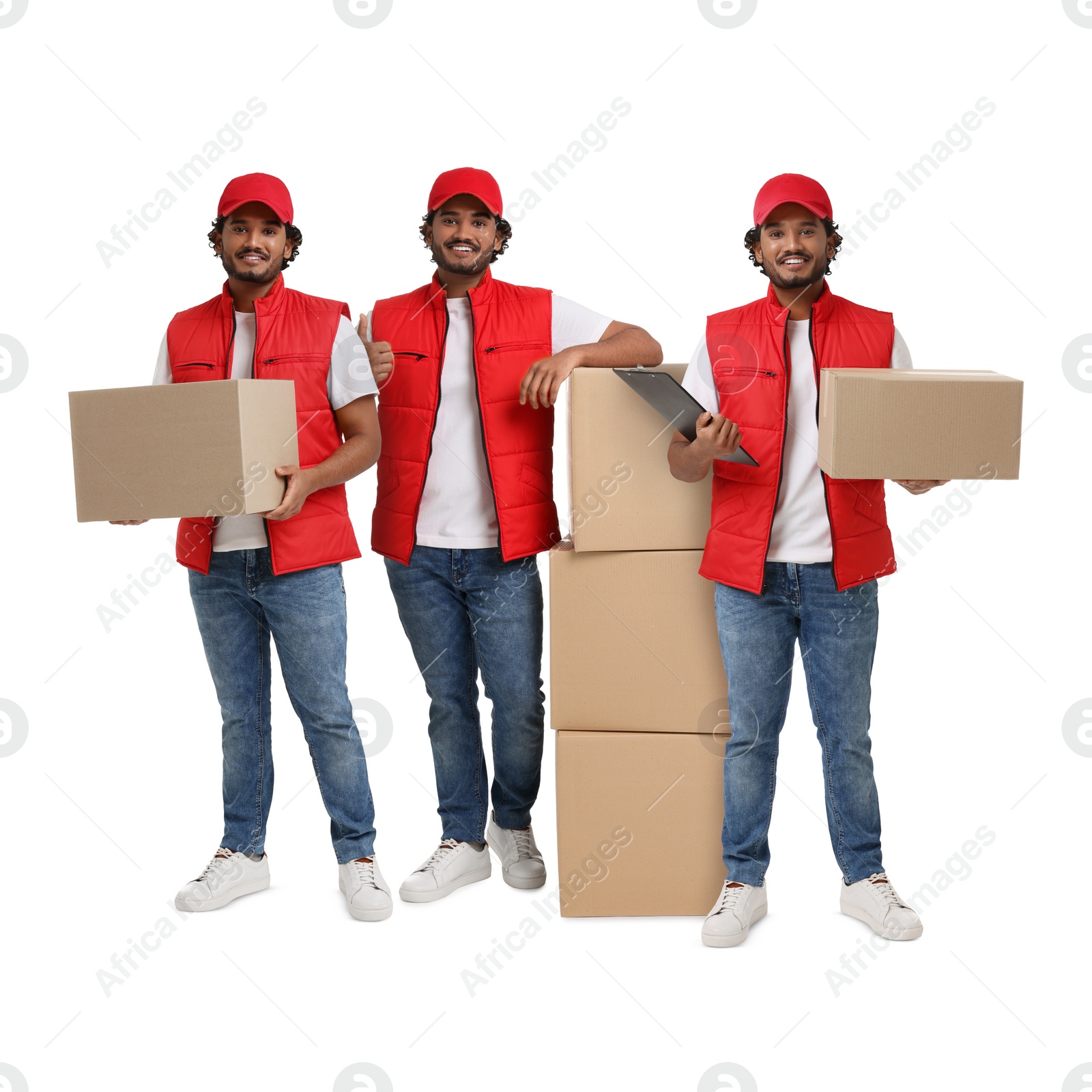 Image of Delivery service. Happy courier with cardboard boxes on white background, collage of photos