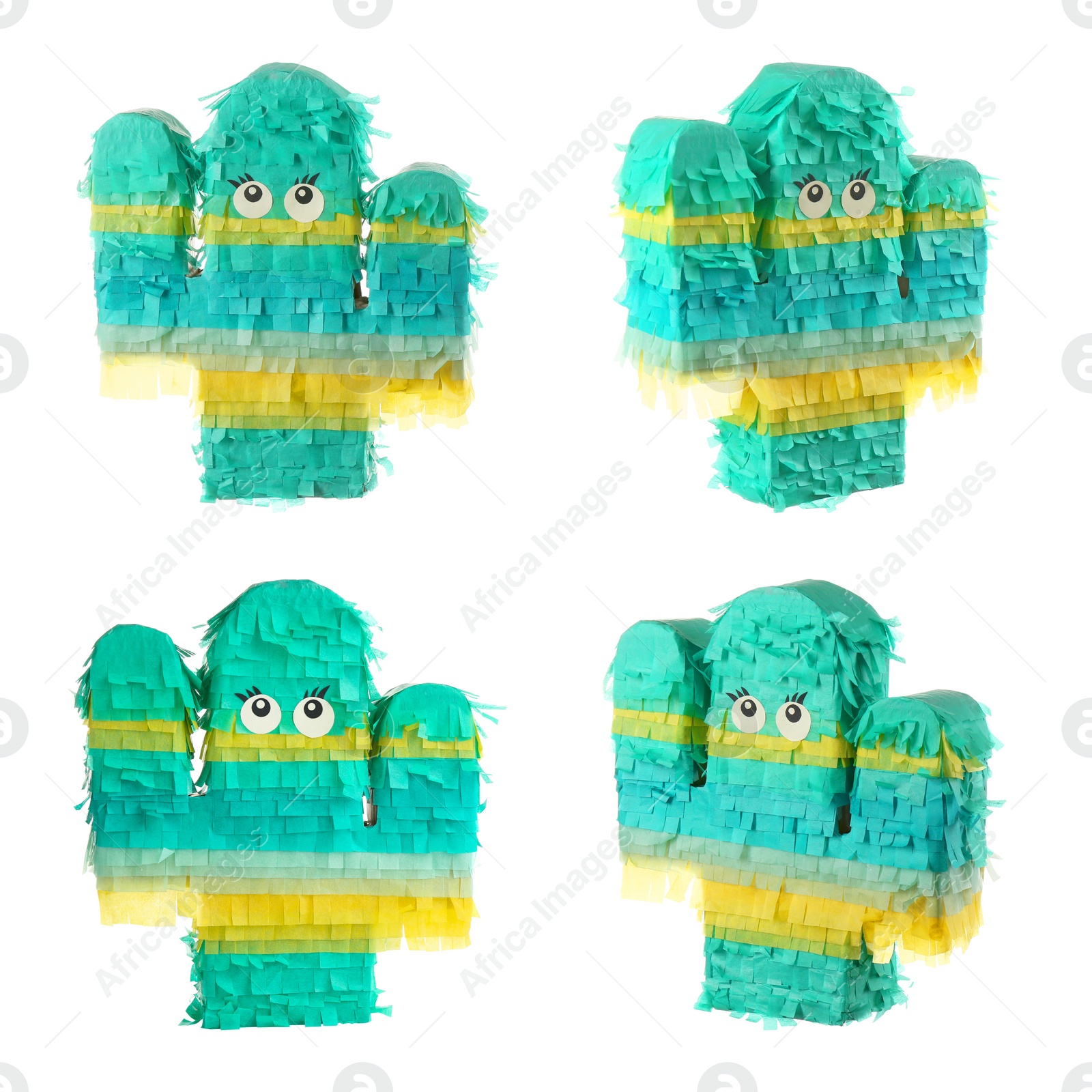 Image of Set with funny cactus shaped pinatas on white background 