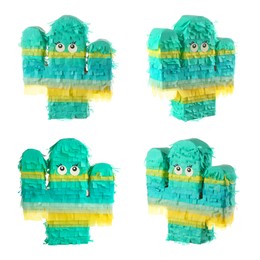 Image of Set with funny cactus shaped pinatas on white background 