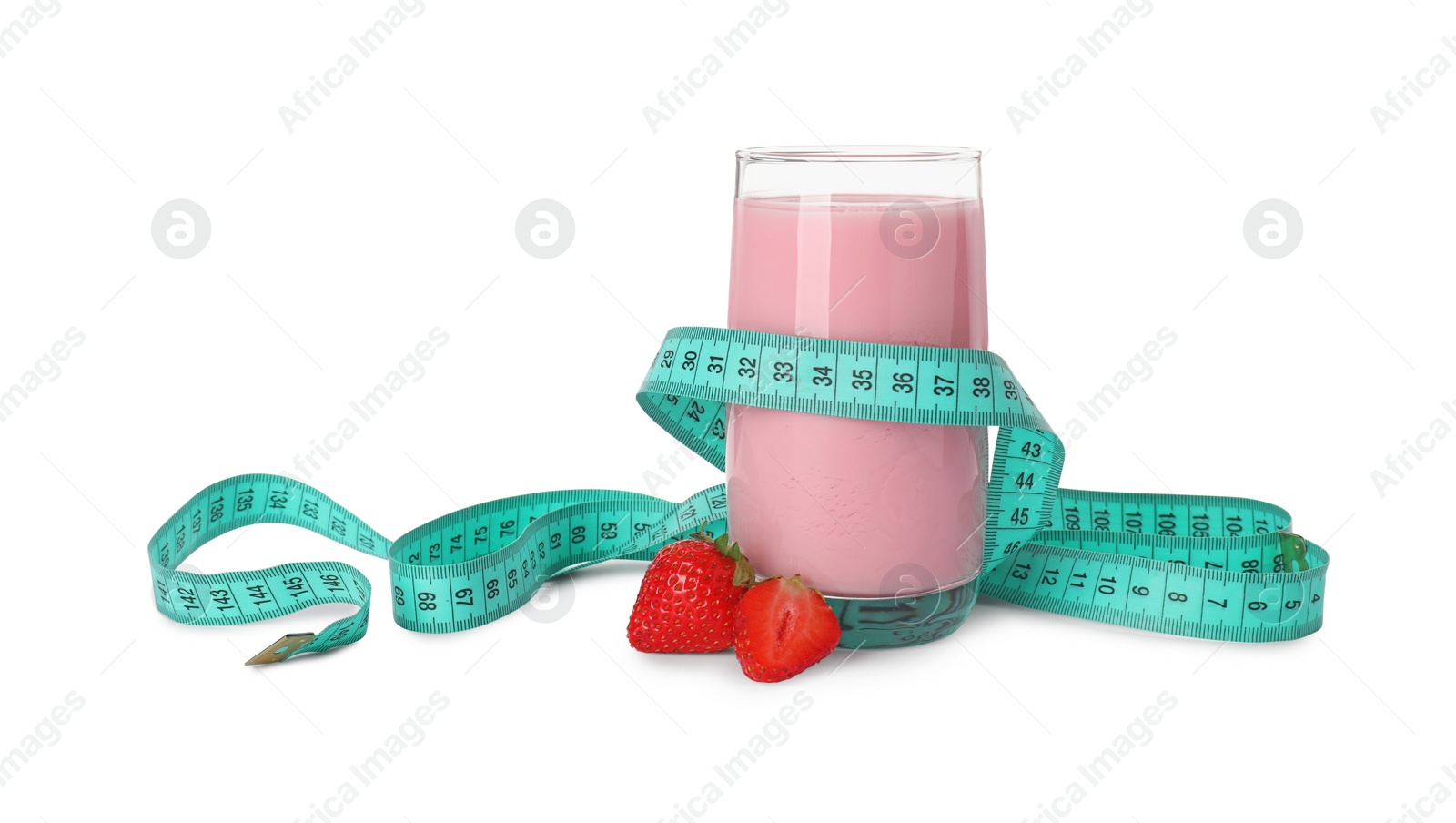 Photo of Tasty strawberry shake, fresh berries and measuring tape isolated on white. Weight loss