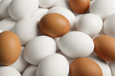 Photo of Fresh raw chicken eggs as background, closeup