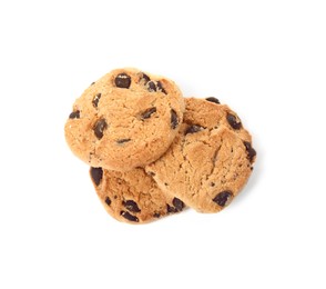 Photo of Delicious chocolate chip cookies on white background, top view