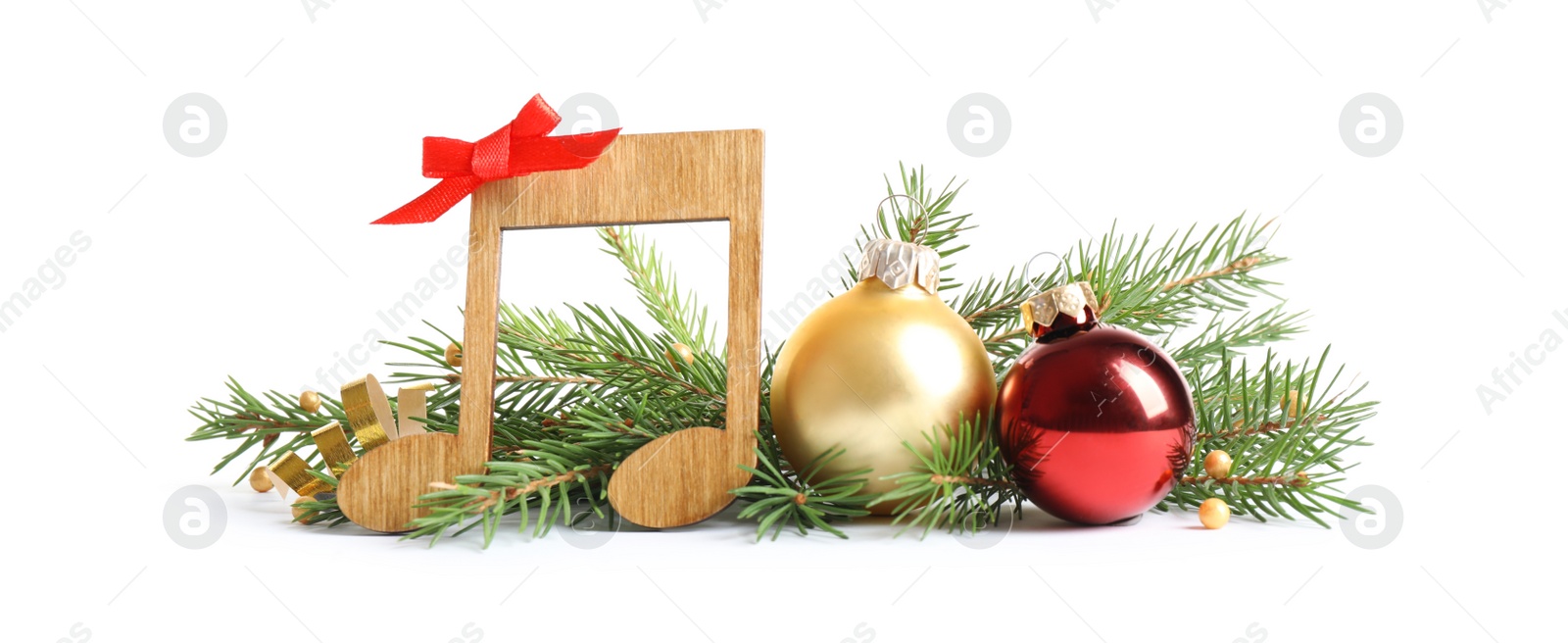 Photo of Music note with Christmas decorations isolated on white