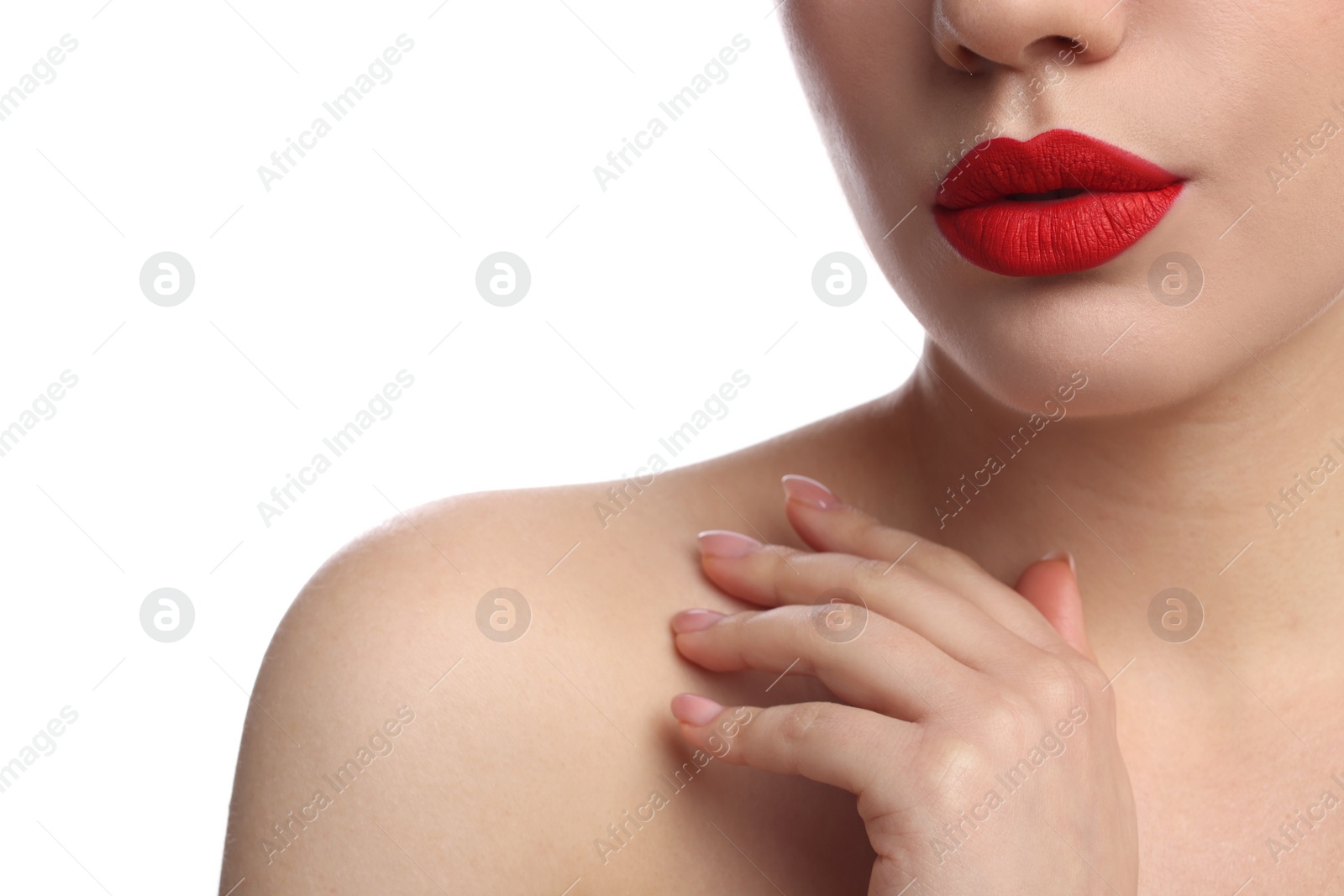 Photo of Closeup view of woman with beautiful full lips on white background