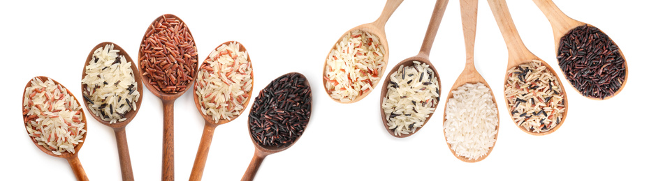 Set with different types of rice in spoons on white background, top view. Banner design