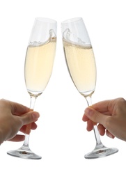 Women toasting with glasses of champagne on white background