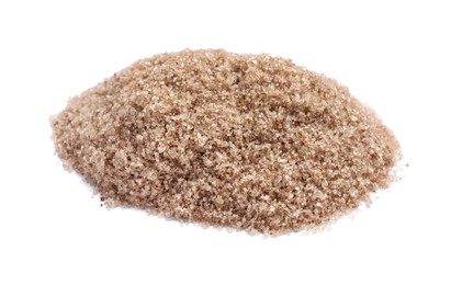 Photo of Heap of brown salt on white background