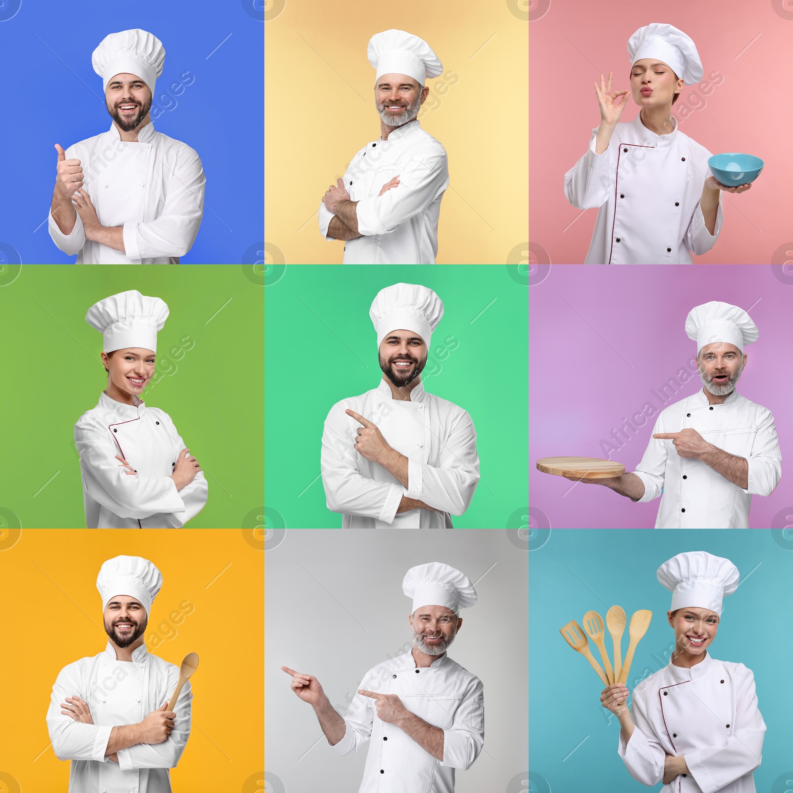 Image of Collage with photos of professional chefs on different color backgrounds