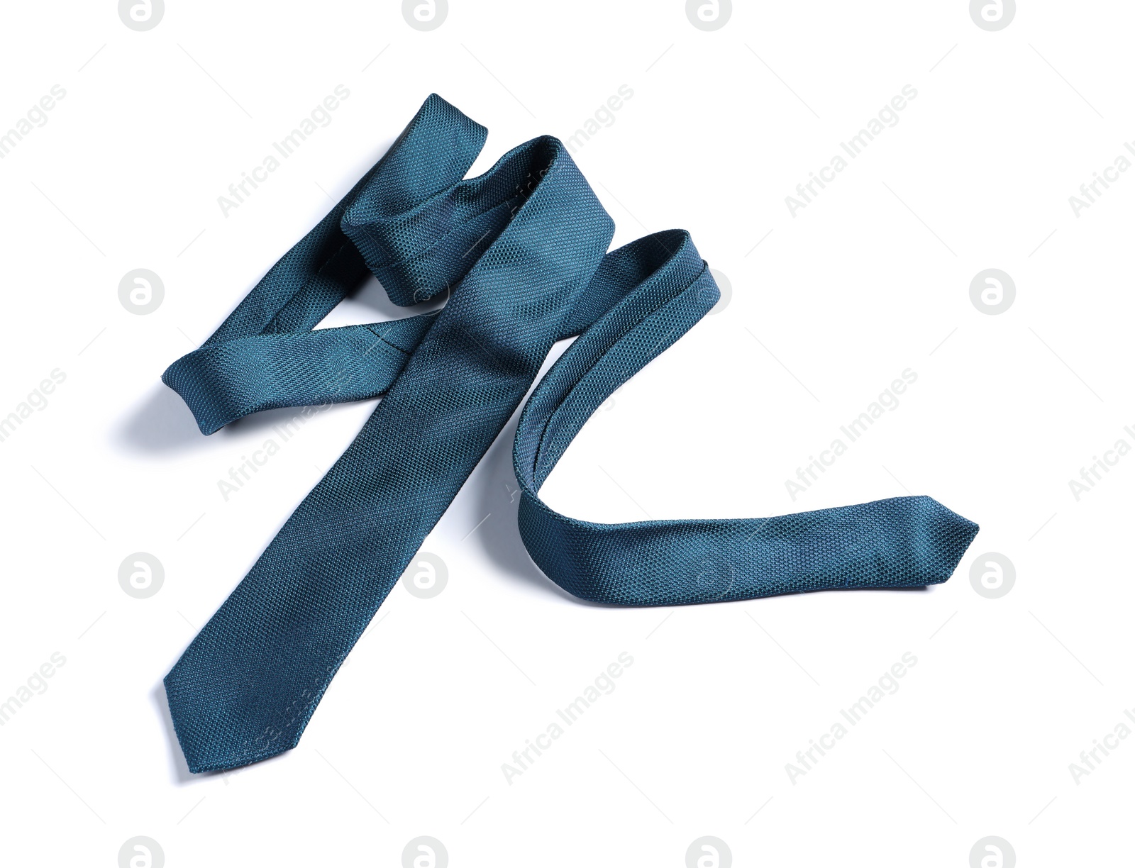 Photo of One blue necktie isolated on white, above view