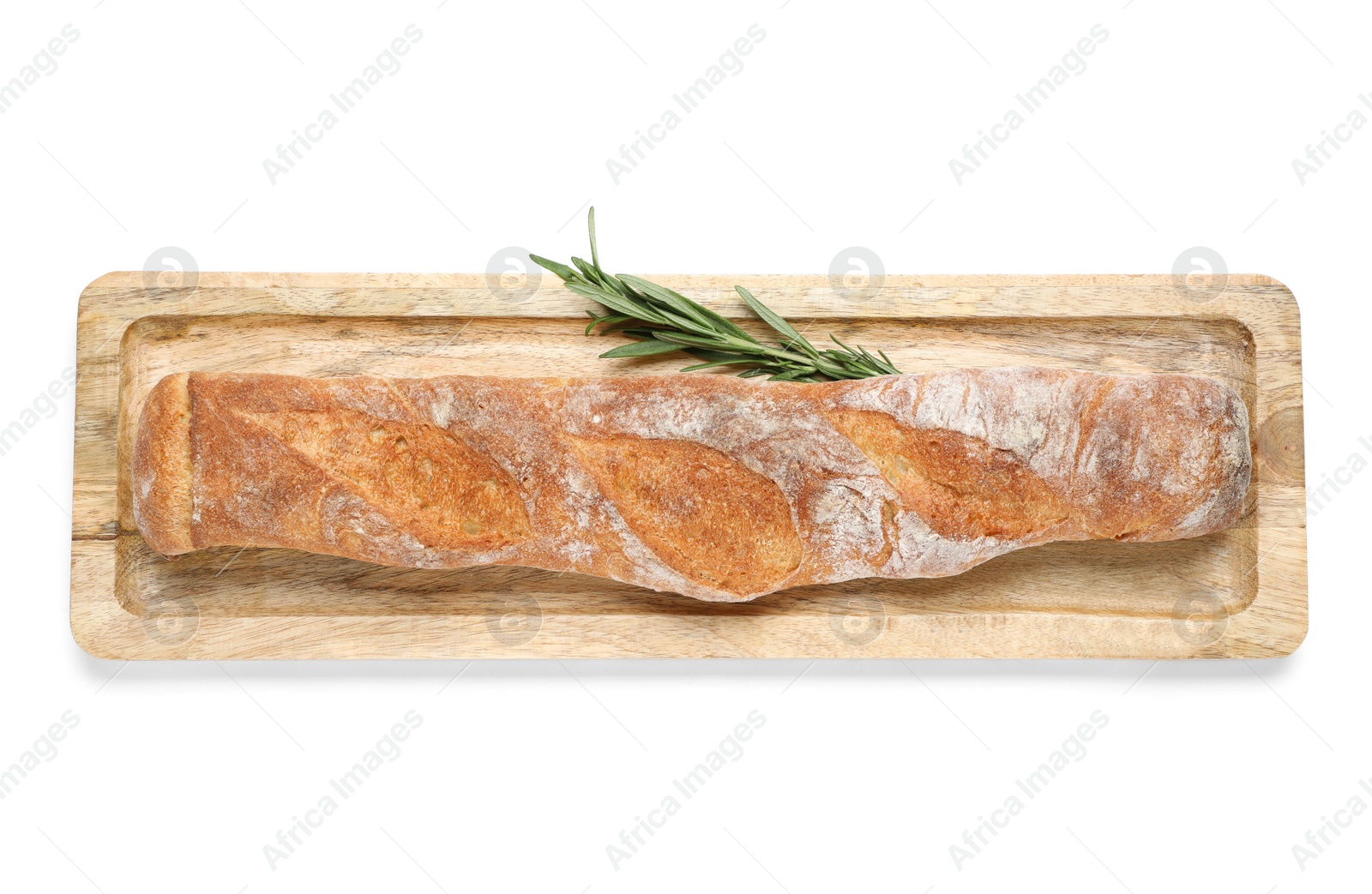 Photo of Crispy French baguette with rosemary isolated on white, top view. Fresh bread