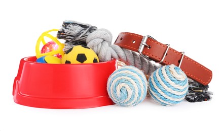 Photo of Different pet toys and accessories isolated on white