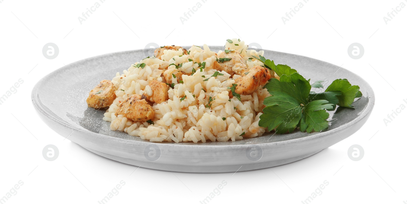 Photo of Delicious risotto with chicken isolated on white