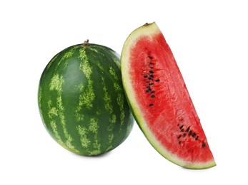 Photo of Whole and cut delicious ripe watermelon isolated on white