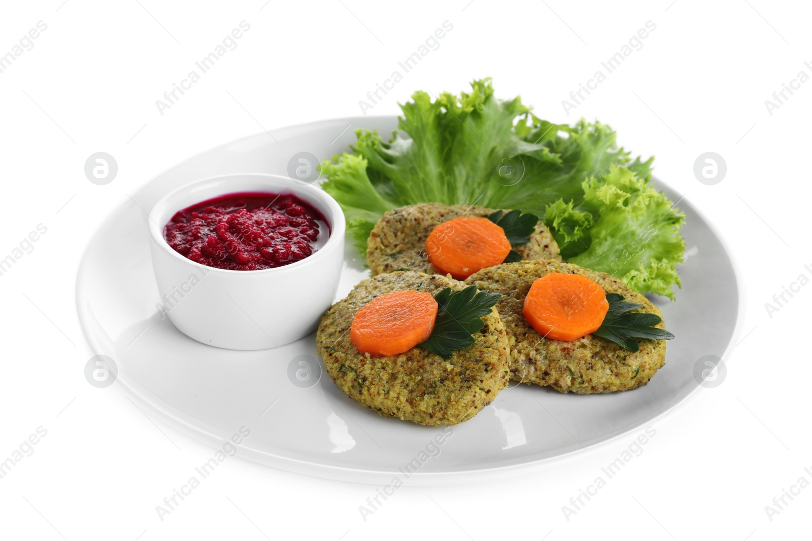 Photo of Plate of traditional Passover (Pesach) gefilte fish isolated on white