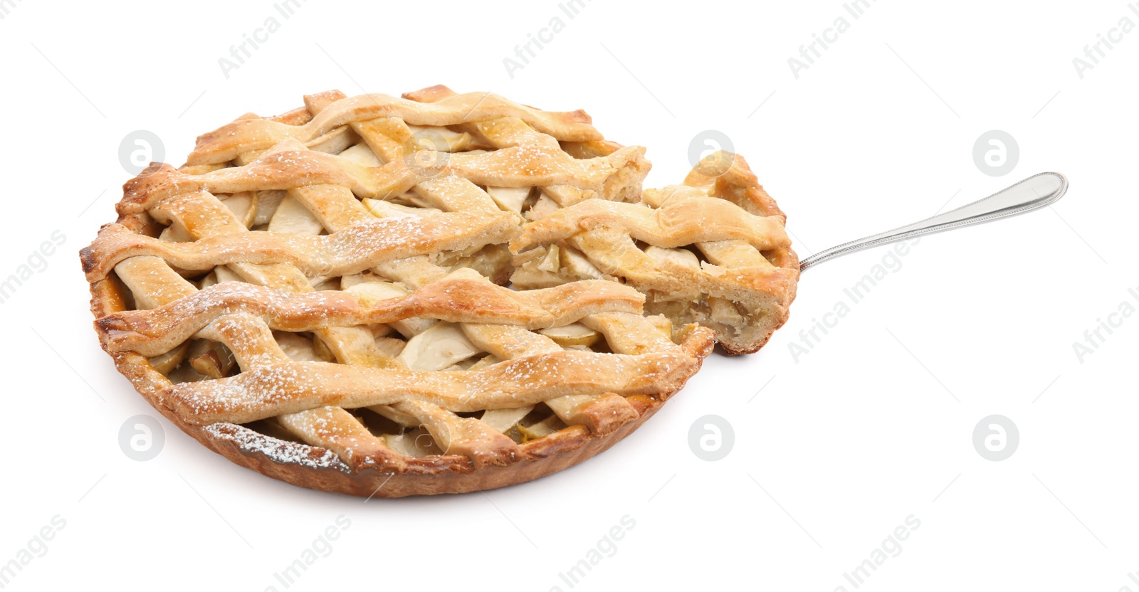 Photo of Delicious traditional apple pie isolated on white