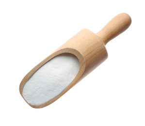 Photo of Wooden scoop of baking soda isolated on white
