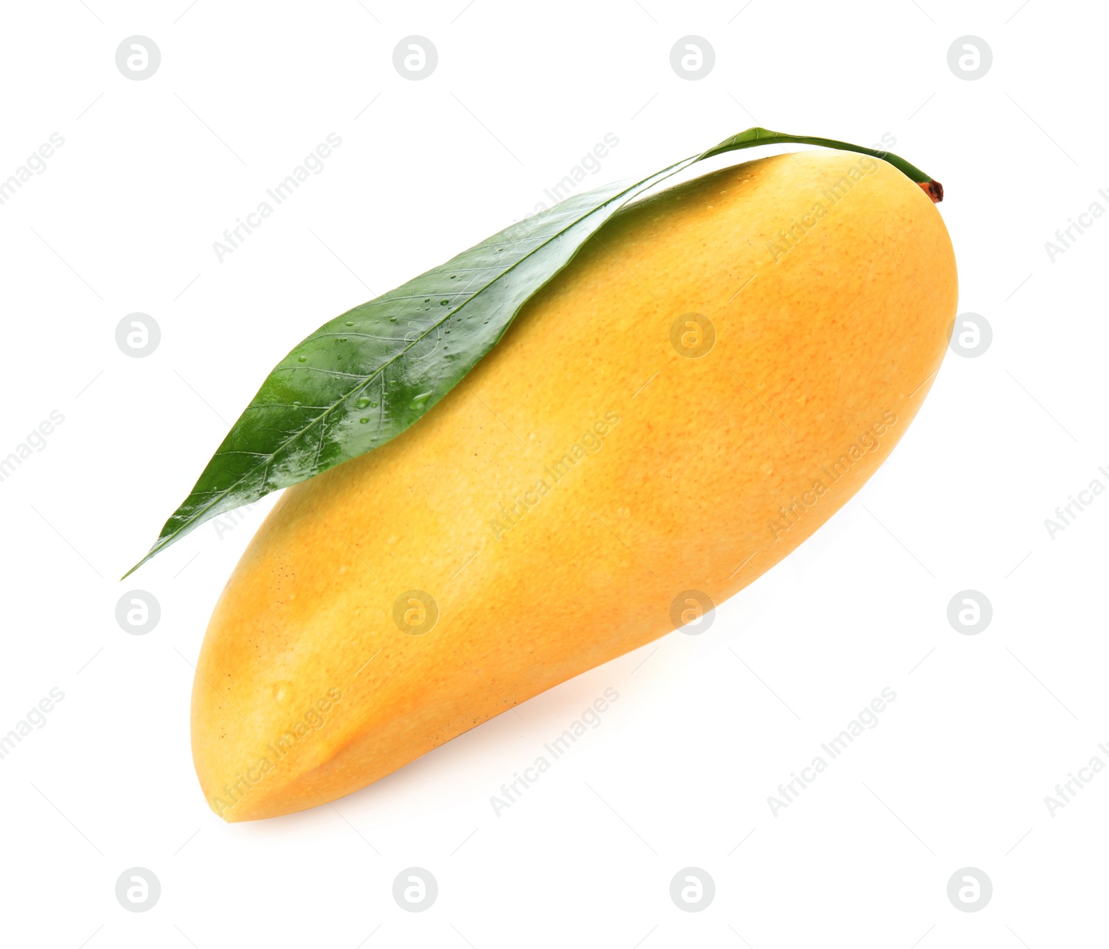 Photo of Fresh ripe mango with green leaf isolated on white