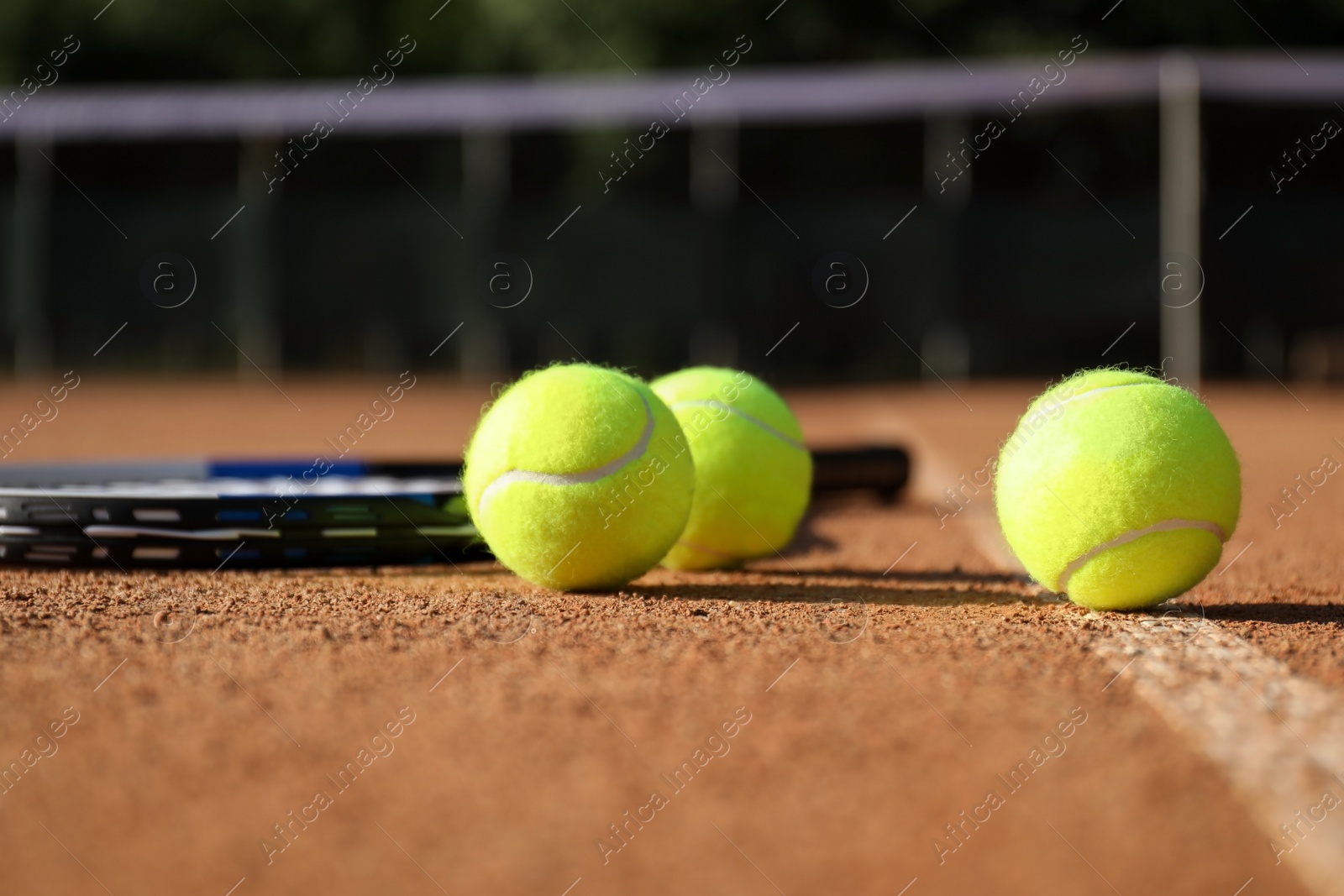 Photo of Tennis balls and racket on clay court