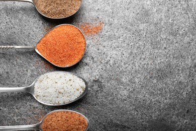 Different kinds of salt on grey table, flat lay. Space for text