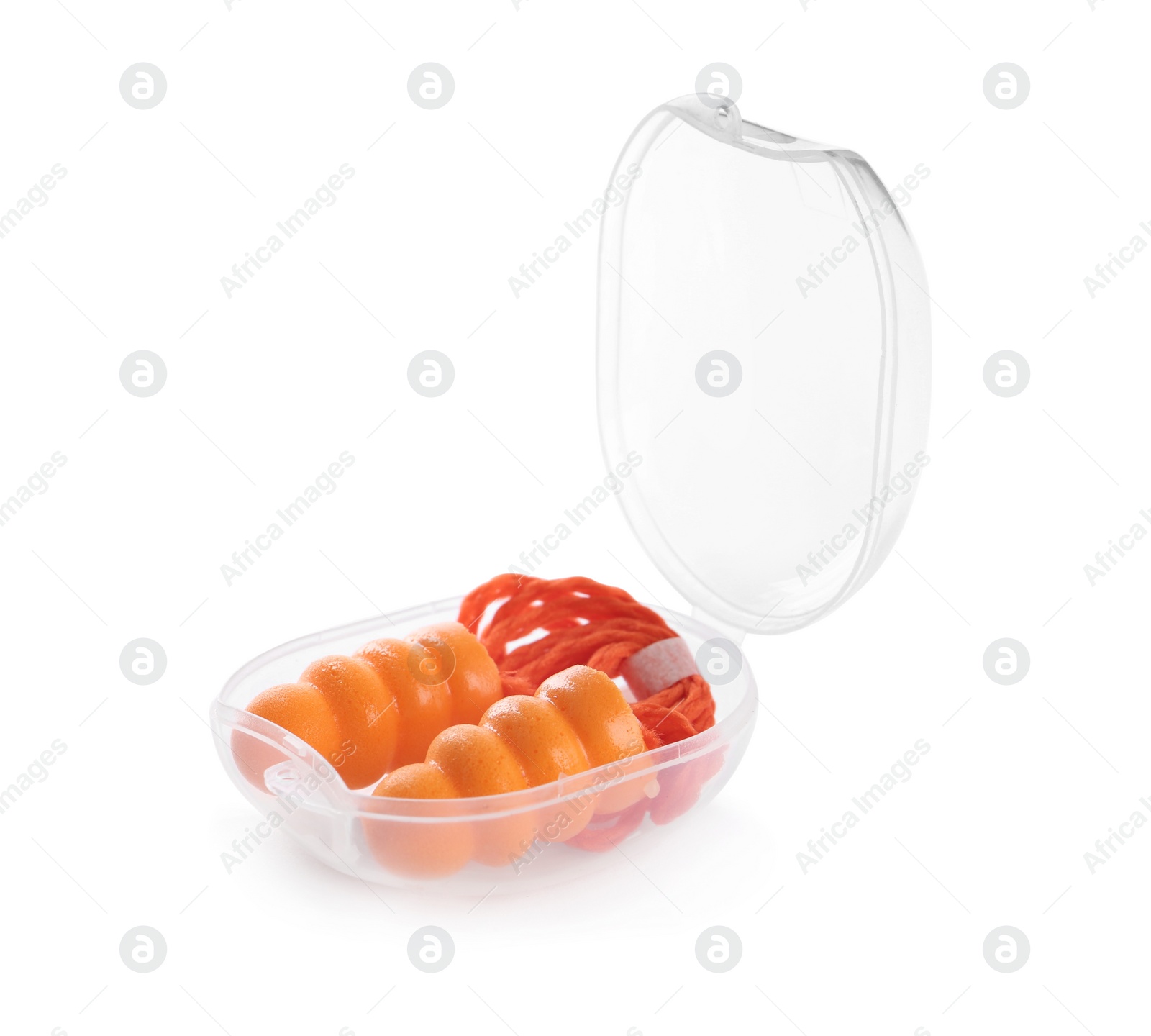 Photo of Transparent plastic case with orange ear plugs isolated on white