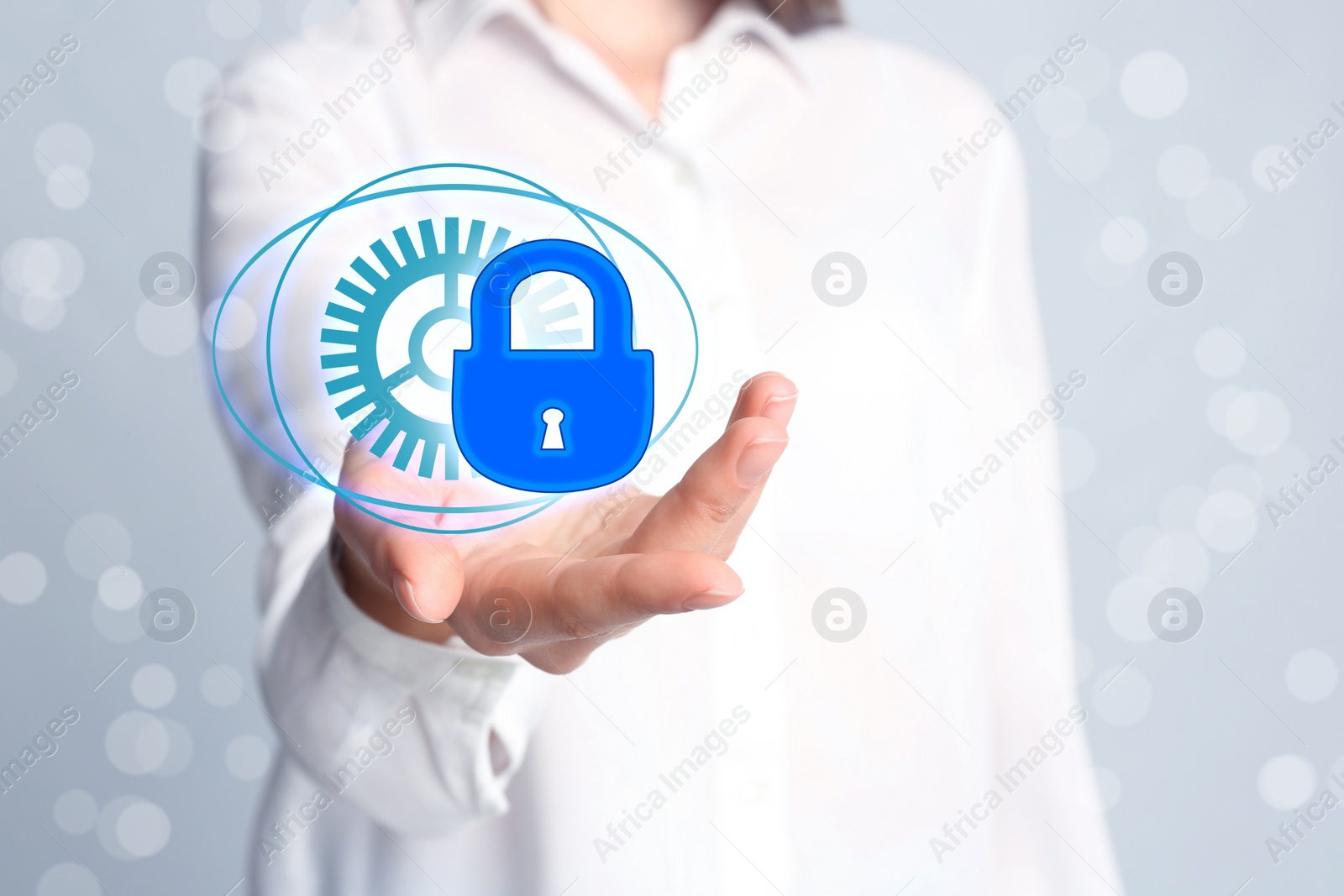 Image of Cyber crime protection. Businesswoman demonstrating digital lock symbol, closeup