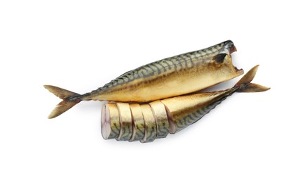 Delicious smoked mackerels on white background, top view
