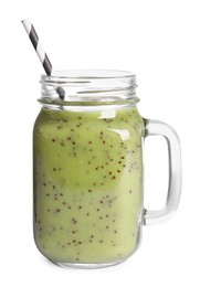 Photo of Delicious kiwi smoothie in mason jar isolated on white