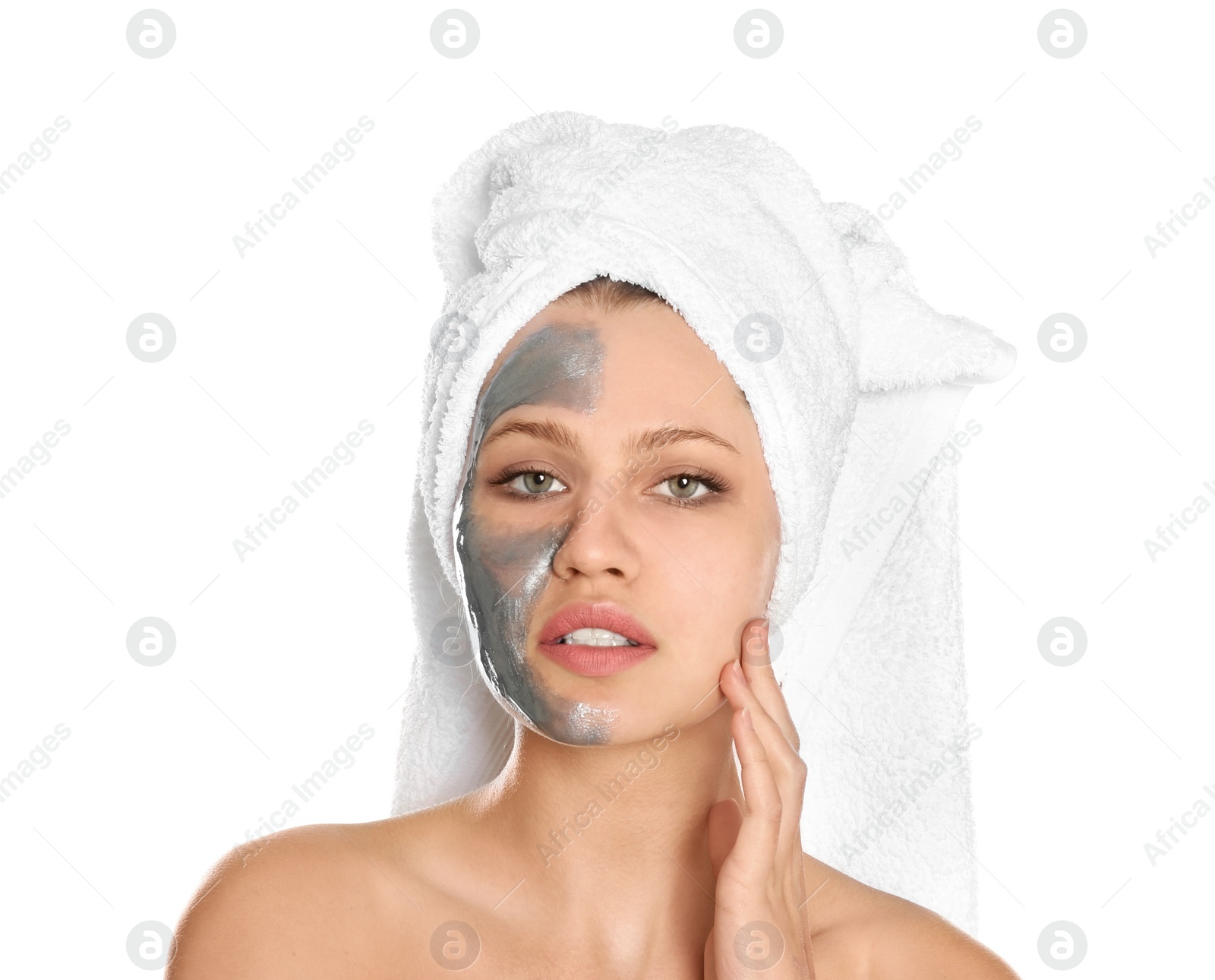 Photo of Beautiful woman with silver mask on her face against white background