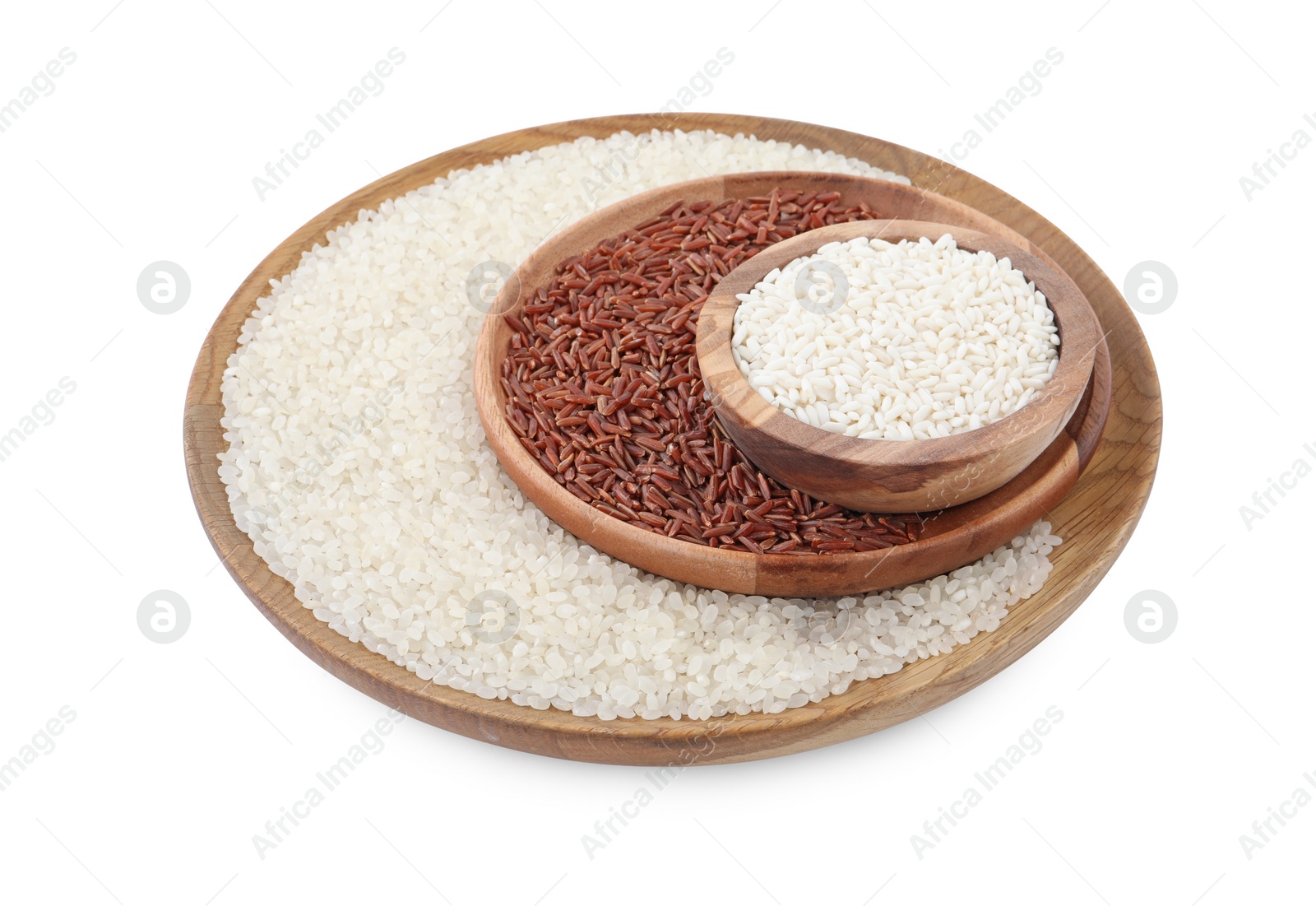 Photo of Dishes with different sorts of rice isolated on white