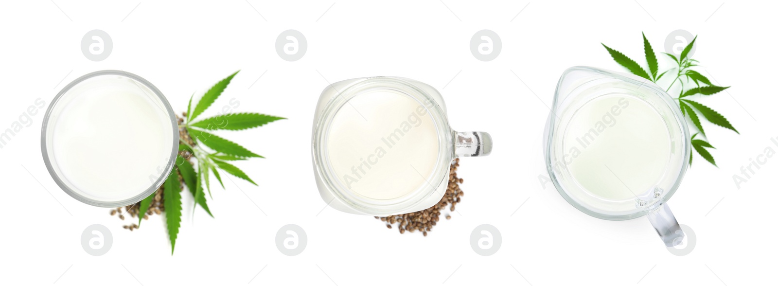 Image of Set with hemp milk on white background, top view. Banner design