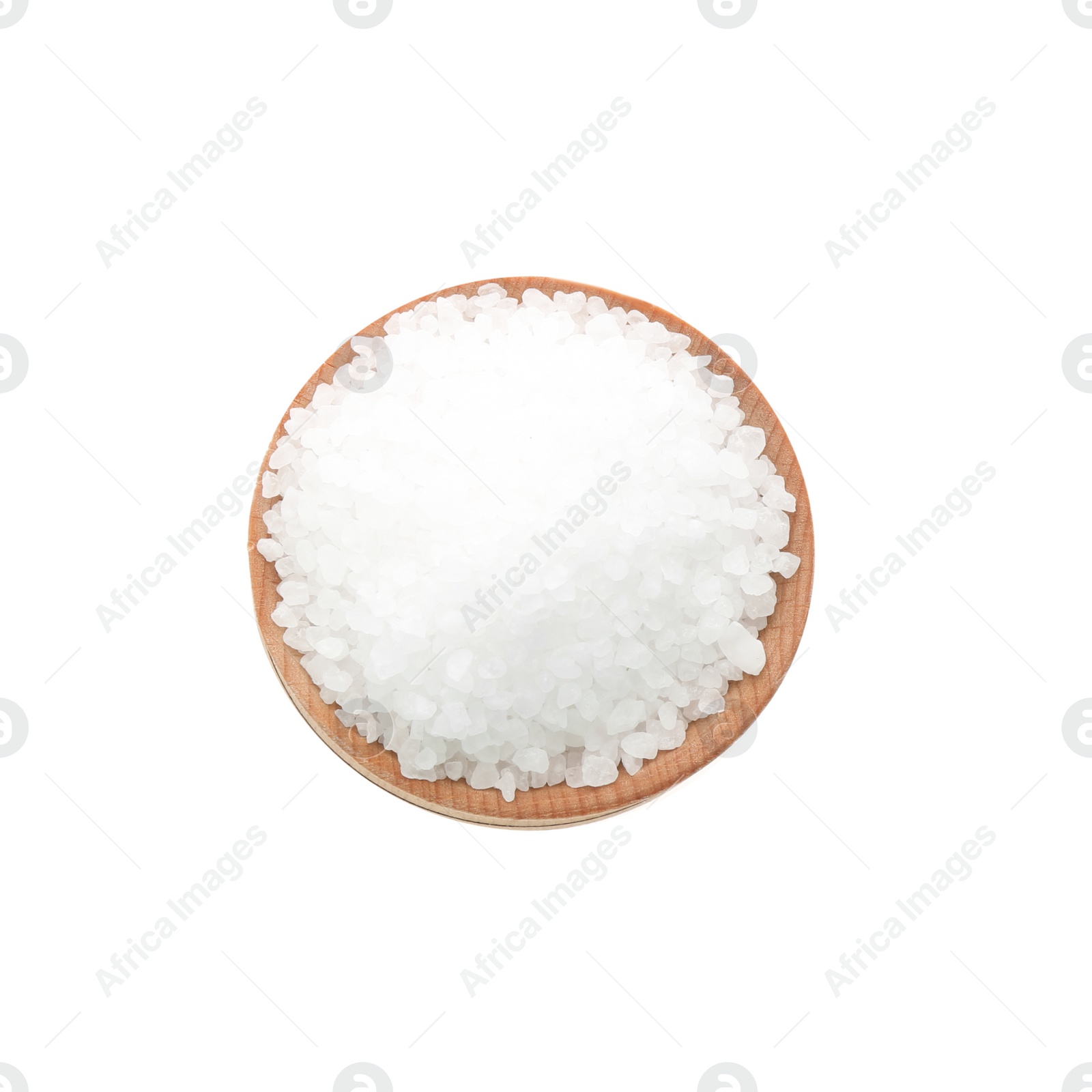 Photo of Natural salt in bowl on white background, top view