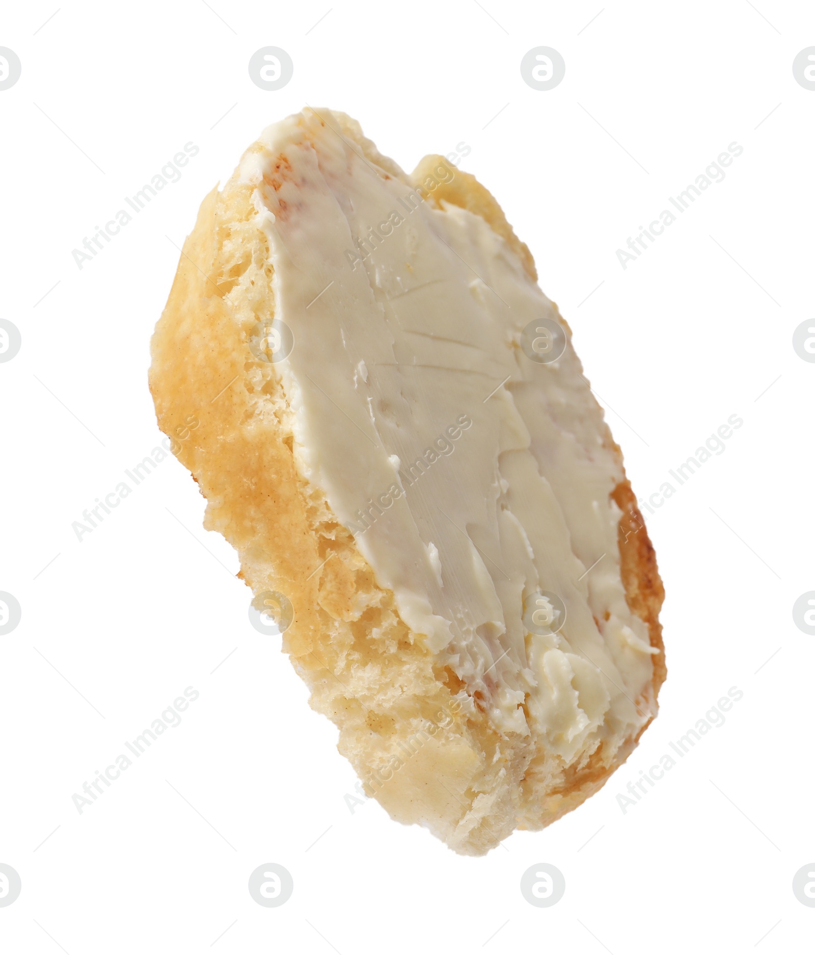 Photo of Piece of baguette with butter isolated on white
