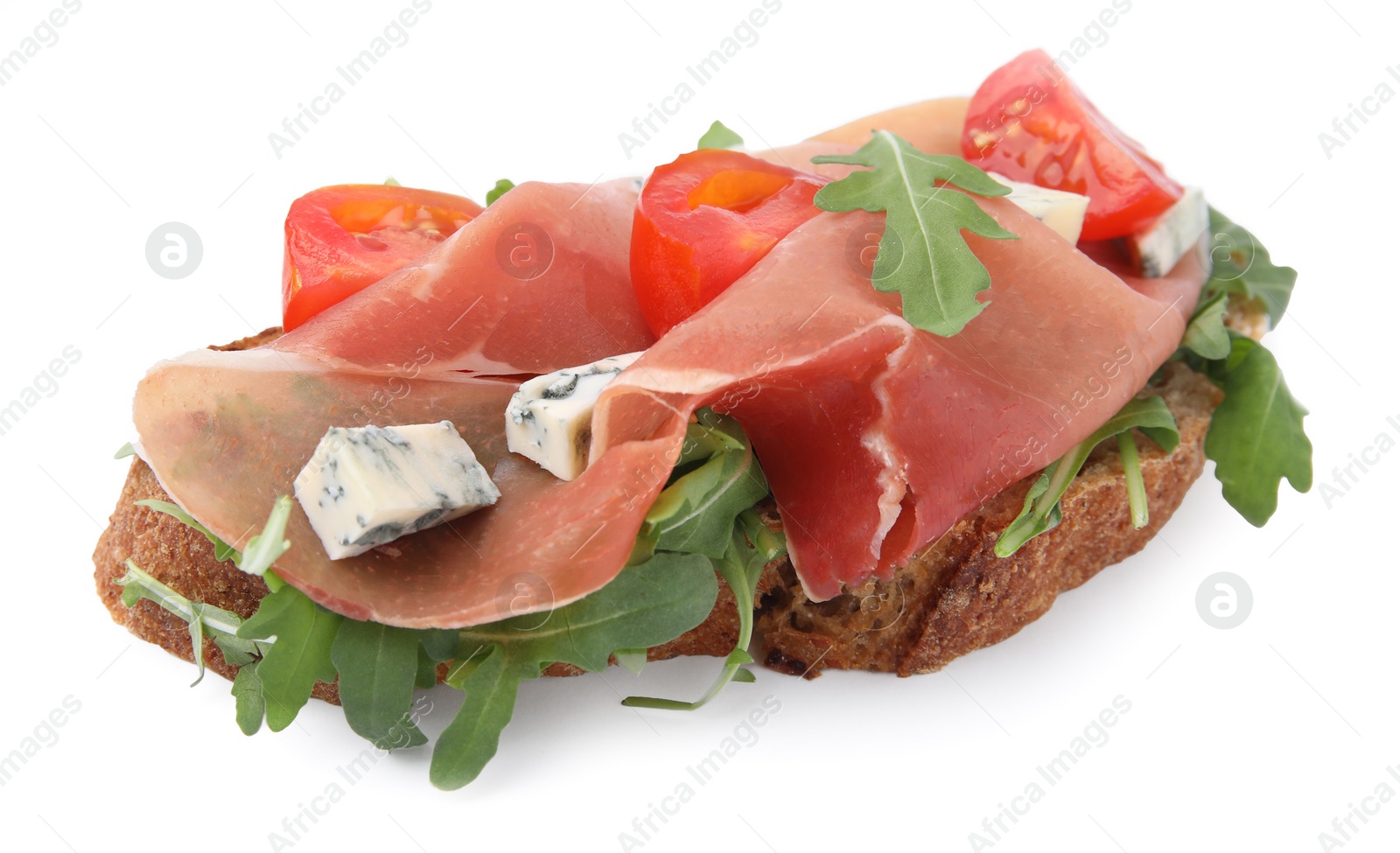 Photo of Tasty bruschetta with prosciutto, arugula, cheese and tomato on white background