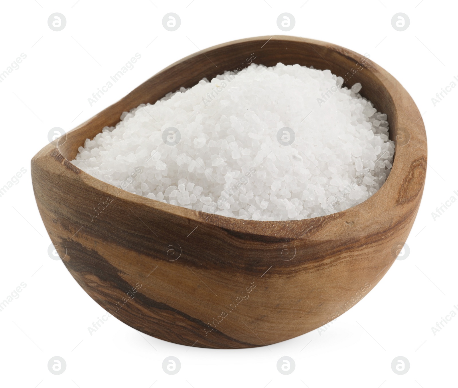 Photo of Natural salt in wooden bowl isolated on white