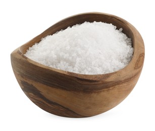 Natural salt in wooden bowl isolated on white