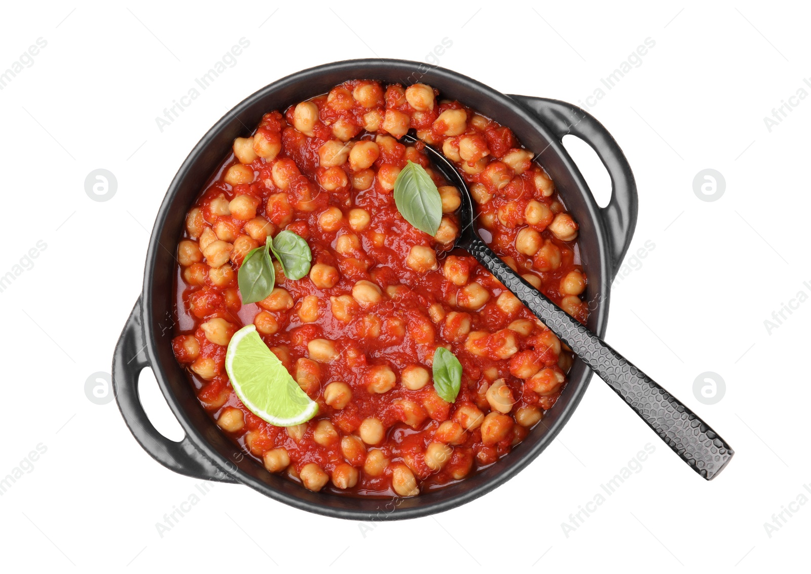 Photo of Delicious chickpea curry with lime and basil isolated on white, top view